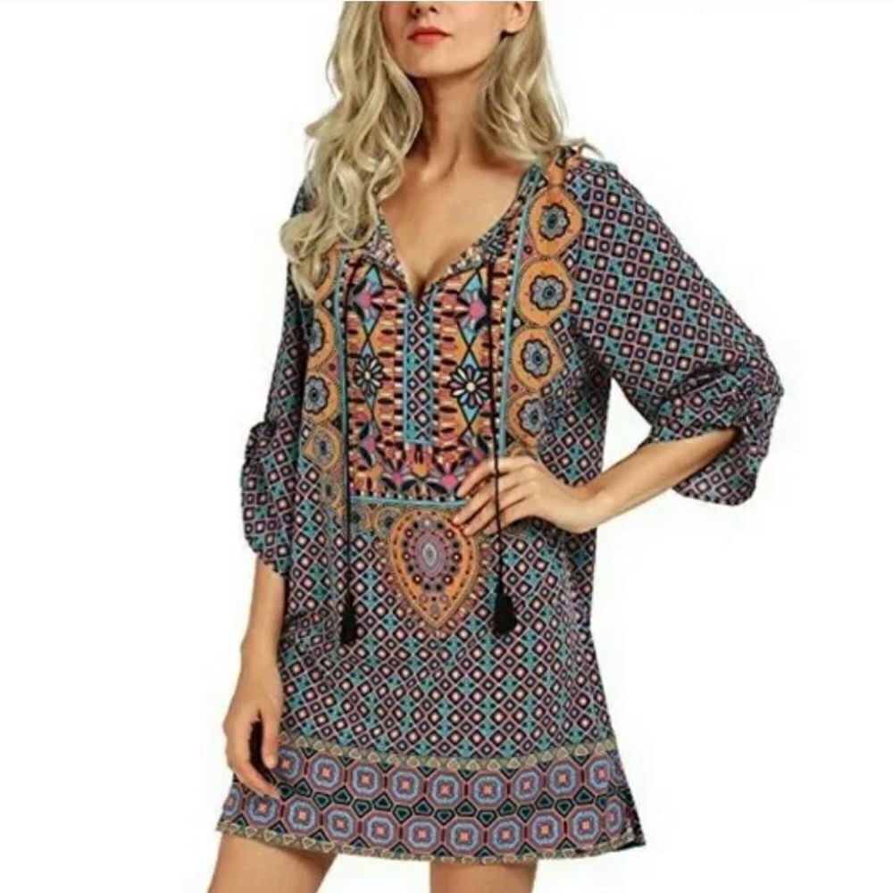 Urban Coco Bohemian Tassel Tie 3/4 Sleeve Tunic Dress Size Small